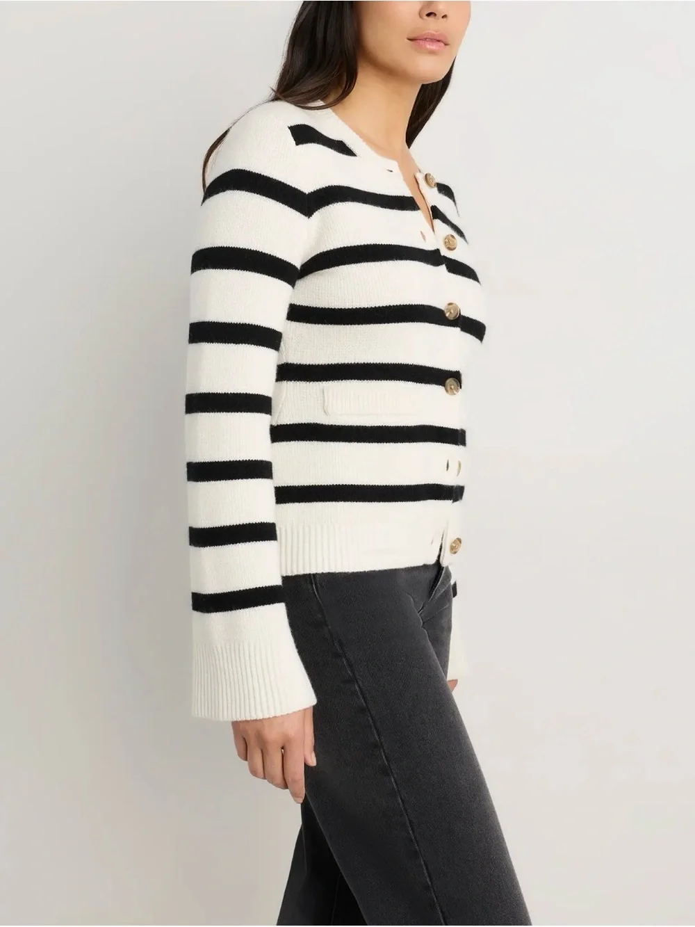 Quince Mongolian Cashmere Structured Cardigan Black & White Striped X-Large 590